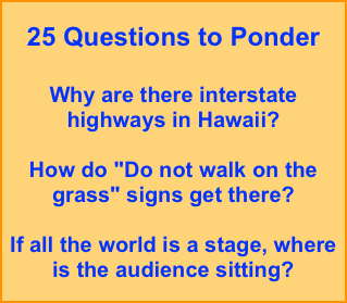 25 Questions to Ponder

Why are there interstate highways in Hawaii?

How do "Do not walk on the grass" signs get there?
 If all the world is a stage, where is the audience sitting? 